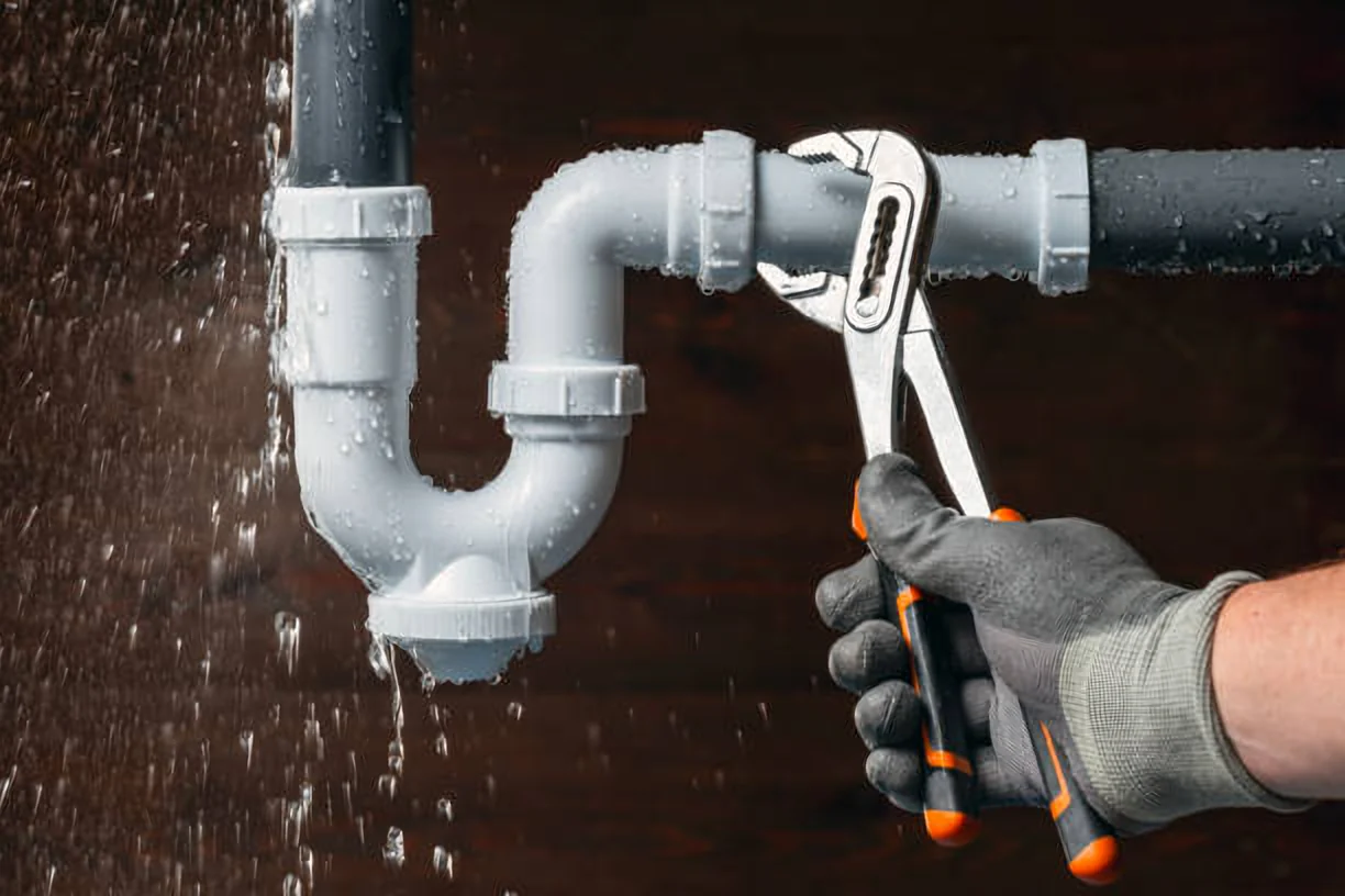 Gloved hand tightening a leaking PVC sink trap with adjustable pliers